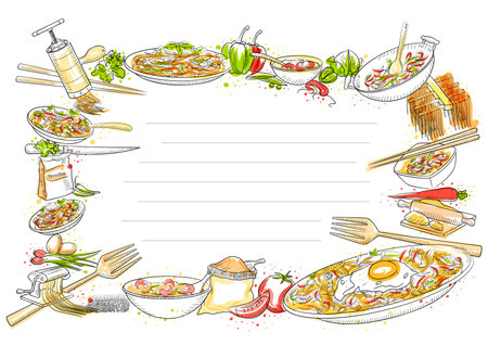 illustration of healthy and fresh fruit and vegetable with kitchen tools and utensil for home cookingのイラスト素材
