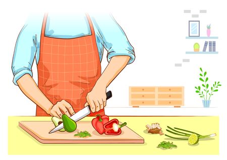 illustration of human hand chopping and cutting fresh vegetable for home cookingのイラスト素材