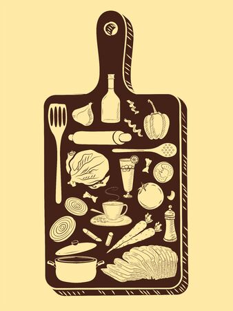 illustration of healthy and fresh fruit and vegetable with kitchen tools and utensil for home cookingのイラスト素材