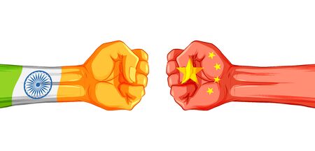 illustration of India vs China concept showing tension and confrontation in bordersのイラスト素材