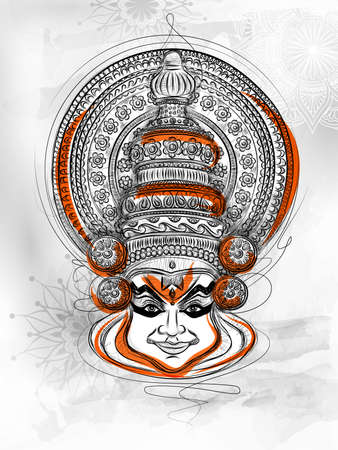 illustration of colorful scribble style Kathakali dancer on background for Happy Onam festival of South India Keralaのイラスト素材