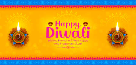 illustration of burning diya on Happy Diwali Holiday background for light festival of Indiaのイラスト素材