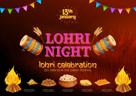 illustration of Happy Lohri holiday background for Punjabi festivalのイラスト素材