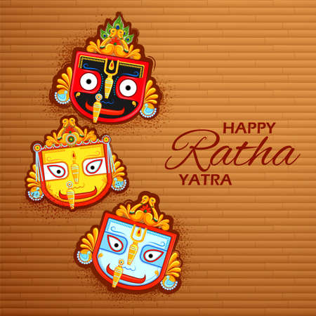 illustration of Lord Jagannath, Balabhadra and Subhadra on annual Rathayatra in Odisha festival backgroundのイラスト素材