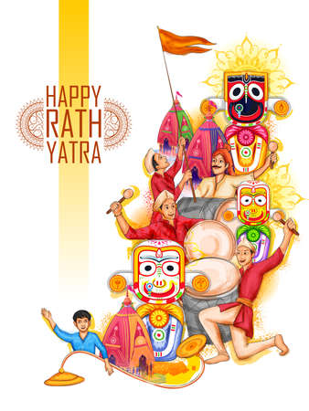 illustration of Lord Jagannath, Balabhadra and Subhadra on annual Rathayatra in Odisha festival backgroundのイラスト素材
