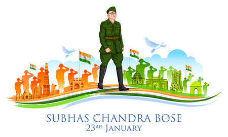 illustration of Indian background with Nation Hero and Freedom Fighter Subhash Chandra Bose Pride of India for 23rd Januaryのイラスト素材
