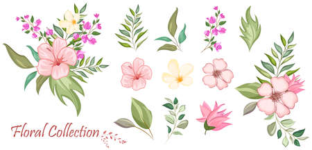 Set of floral branch with flower and green leaves for wedding bouquets, cards, designs.Floral arrangements for poster, greeting card or invitation designのイラスト素材