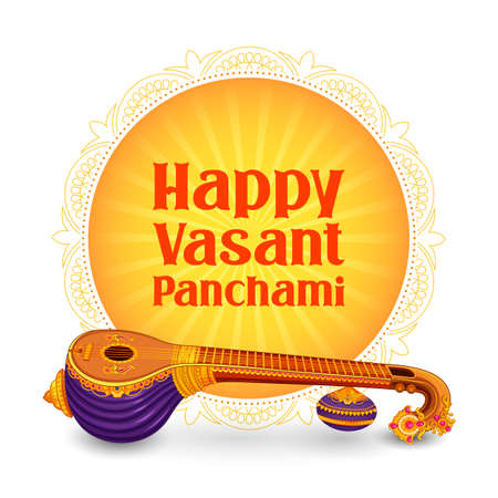 Goddess of Wisdom Saraswati for Vasant Panchami India festival backgroundのイラスト素材