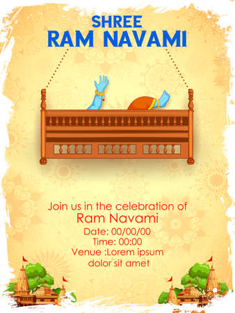 Lord Rama with bow arrow with Hindi text meaning Shree Ram Navami celebration background for religious holiday of Indiaのイラスト素材