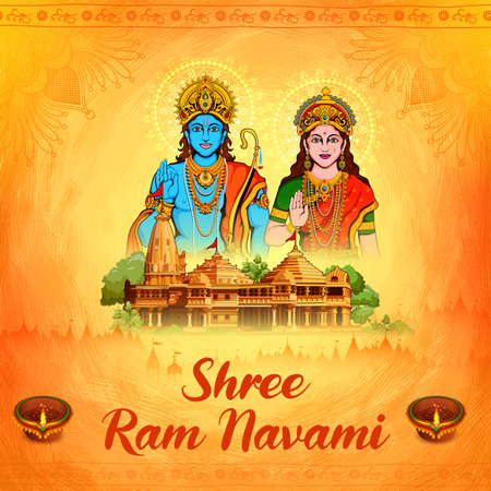 Lord Rama with bow arrow with Hindi text meaning Shree Ram Navami celebration background for religious holiday of Indiaのイラスト素材