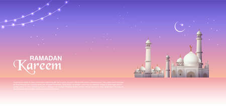Ramadan Kareem Generous Ramadan greetings in Arabic freehand with mosque for Islam religious festival Eidのイラスト素材