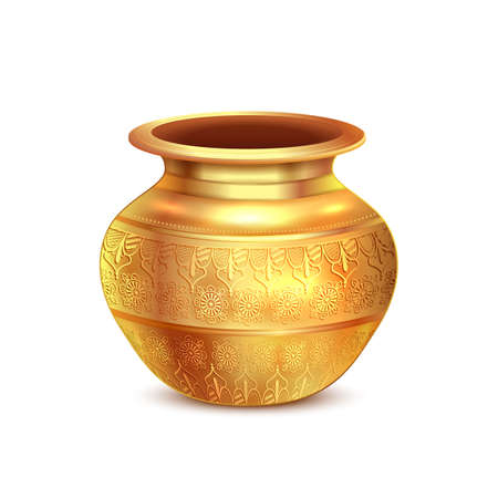 Golden copper pot for holy kalash used in Indian religious festival like ghatashtapana, Navratri, Diwali and wedding on white backgroundのイラスト素材
