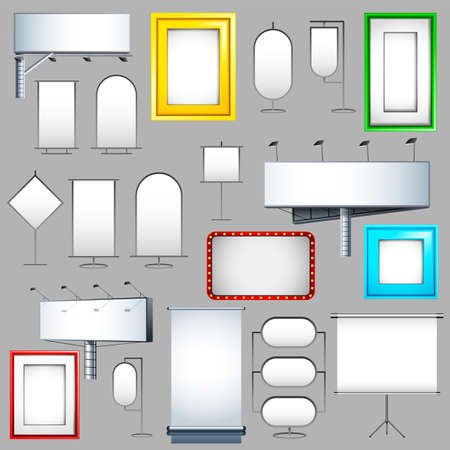 illustration of set of different display board, frame, bill board and hoarding with blank copy space for mock up,advertisement and promotionのイラスト素材