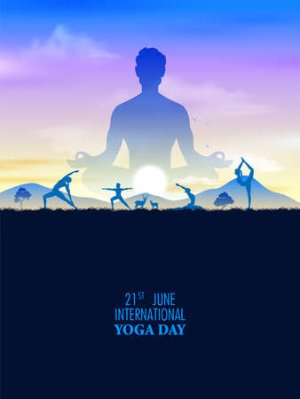 illustration of people doing asana and meditation practice for International Yoga Day on 21st Juneのイラスト素材