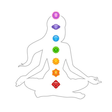 illustration of woman doing asana for International Yoga Day on 21st June with Tantra Sapta Chakra meaning seven meditation wheelのイラスト素材