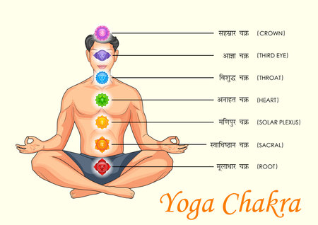 illustration of man doing asana for International Yoga Day on 21st June with Tantra Sapta Chakra...