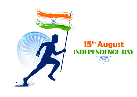 illustration of abstract tricolor banner man running with Indian flag for 15th August Happy...