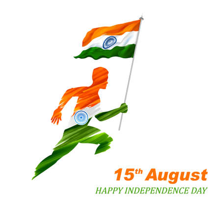 illustration of abstract tricolor banner man running with Indian flag for 15th August Happy Independence Day of Indiaのイラスト素材