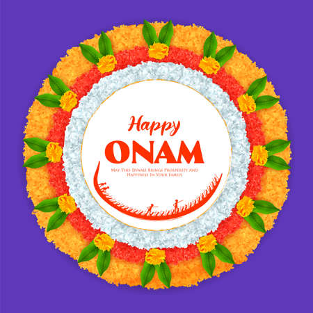 illustration of Colorful flower Pooklam rangoli design in celebration background for Happy Onam festival of South India Keralaのイラスト素材