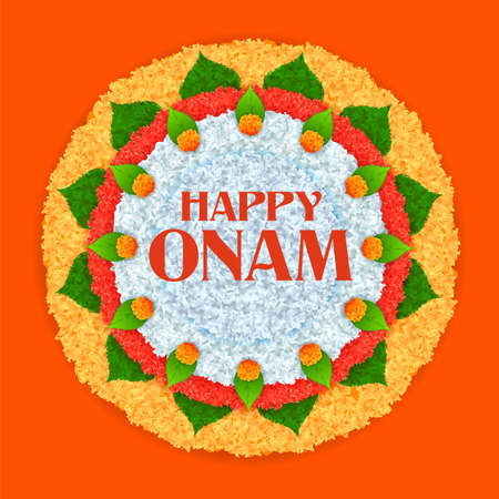 illustration of Colorful flower Pooklam rangoli design in celebration background for Happy Onam festival of South India Keralaのイラスト素材