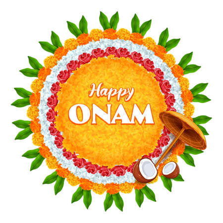 illustration of Colorful flower Pooklam rangoli design in celebration background for Happy Onam festival of South India Keralaのイラスト素材