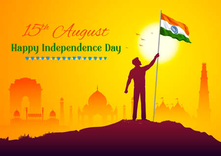 illustration of abstract tricolor banner with man holding Indian flag for 15th August Happy Independence Day of Indiaのイラスト素材