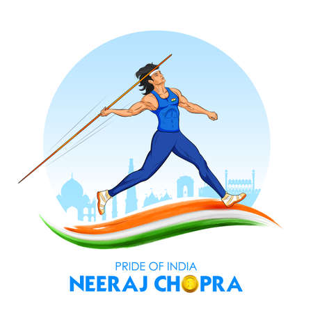 illustration of Indian Javelin Thrower sportsperson victory in championship on tricolor India backgroundのイラスト素材