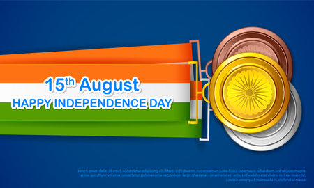 illustration of set of gold,silver and bronze medal with Tricolor flag of India background for Independence Dayのイラスト素材