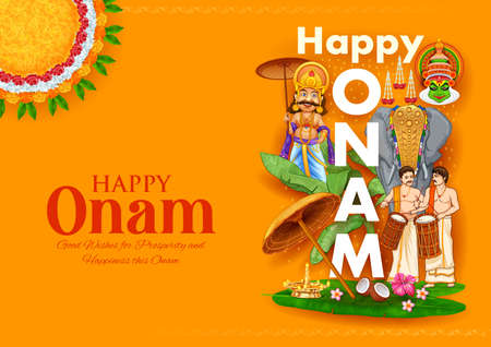 illustration of King Mahabali, Kathakali dancer and Keralite people in Onam traditional festival background showing culture of Kerala, South Indiaのイラスト素材