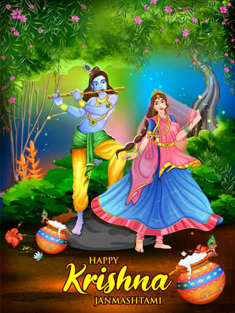 illustration of Lord Krishna and Radha in religious festival background of India Shri Krishan Janmashtamiのイラスト素材