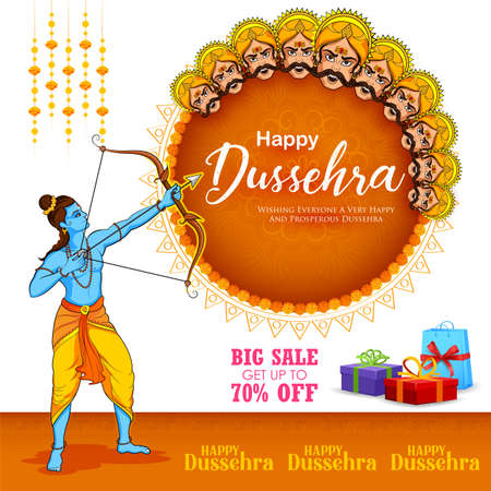 illustration of Lord Rama killing Ravana in Dussehra Navratri festival of India posterのイラスト素材