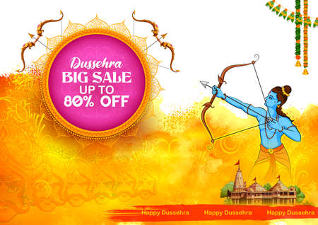 illustration of Lord Rama holding Bow and Arrow in Happy Dussehra festival of India backgroundのイラスト素材