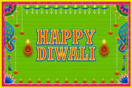 illustration of burning diya on Happy Diwali Holiday kitsch Truck style background for light festival of Indiaのイラスト素材