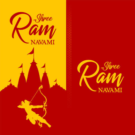 illustration of Lord Rama with bow arrow with Hindi text meaning Shree Ram Navami celebration background for religious holiday of Indiaのイラスト素材
