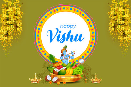 illustration of Happy Vishu new year Hindu festival celebrated in the Indian state of Keralaのイラスト素材