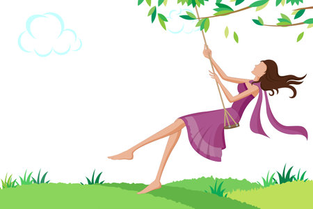 Beautiful woman swinging in park. Vector illustrationのイラスト素材