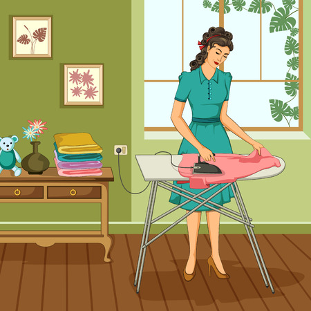 Concept of retro woman doing ironing of clothes. Vector illustrationのイラスト素材