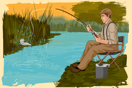 Concept of retro man fishing in river. Vector illustrationのイラスト素材