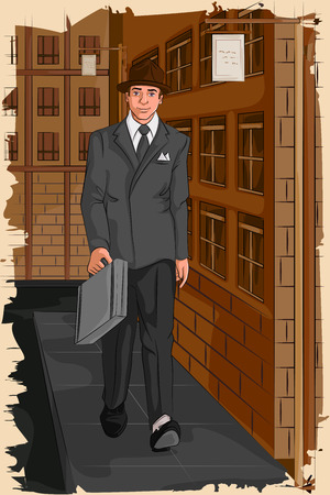 Concept of retro businessman walking on street. Vector illustrationのイラスト素材