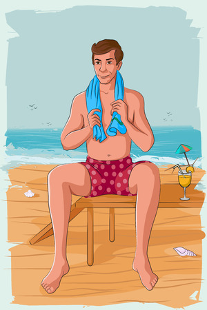 Concept of retro man relaxing on sea beach. Vector illustrationのイラスト素材