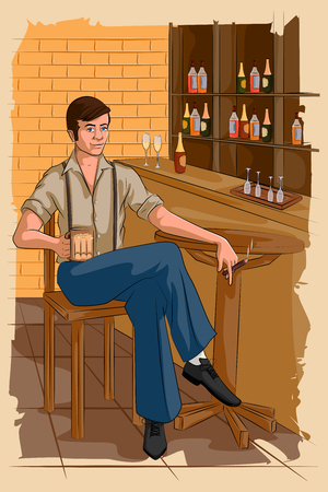 Concept of retro man drinking in bar. Vector illustrationのイラスト素材