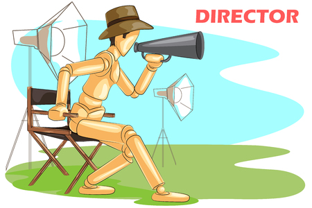 Wooden human mannequin Film Director with megaphone. Vector illustrationのイラスト素材