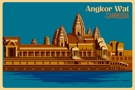 Vintage poster of Angkor Wat, famous monument of Cambodia . Vector illustrationのイラスト素材