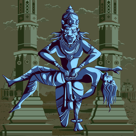 Indian God Narasimha killing Hiranyakashipu. Vector illustrationのイラスト素材