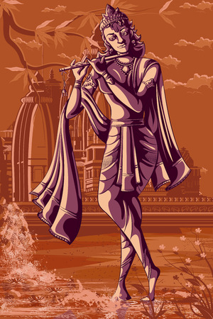 Indian God Krishna playing Bansur (flute). Vector illustrationのイラスト素材