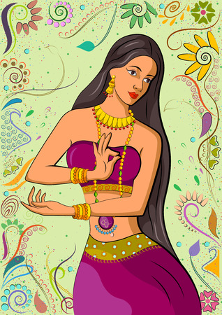 Traditional Indian woman in dancing pose. Vector illustrationのイラスト素材