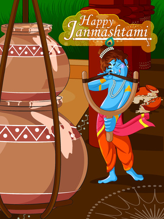 Lord Krishna Indian God Janmashtami festival holiday. Vector illustrationのイラスト素材