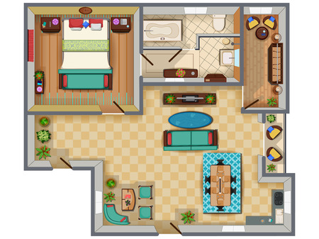 Top view of Floor plan interior design layout for house with furniture and fixtureのイラスト素材