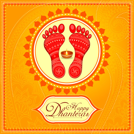 Goddess lakshmi footprint for Happy Diwali festival holiday celebration of India greeting backgroundのイラスト素材