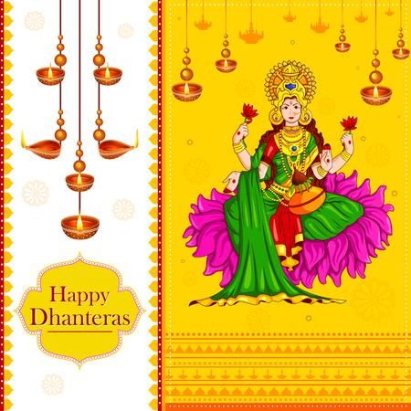 vector illustration of Goddess lakshmi sitting on lotus for Happy Diwali festival holiday celebration of India greeting backgroundのイラスト素材